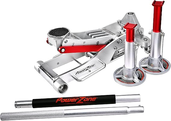 Power Zone 680065 Dual Pump Quick Lift 3 Ton Aluminum Hydraulic Racing Jack with 3 Ton Aluminum Jack Stands Combo Set,Silver,680065-A