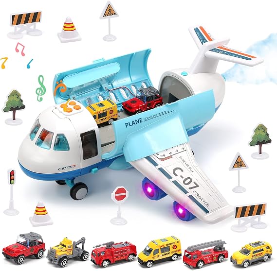 Toy Airplane with Smoke Lights & Sounds, Toddler Friction Powered Plane Toy | Airplane Toy With 6 Mini Cars and a City Map. Ideal Birthday Gift for Toddler Boys and Girls