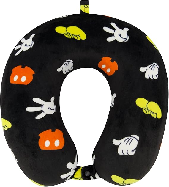 FUL Disney Mickey Mouse Neck Pillow, All Over Print Memory Foam Travel Accessories for Airplane, Car, and Office, Comfortable and Breathable, Black