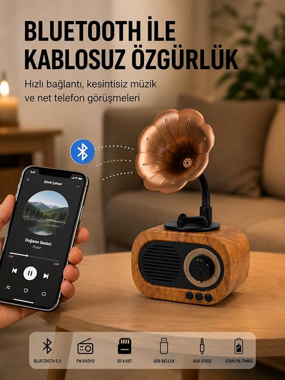 Mini Nostaljik Bluetooth Hoparlör FM Radyo 8 Saat Batarya Yeni Nesil