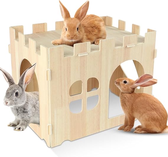 Wooden Rabbit House Castle, Detachable Bunny Hideout for Guinea Pigs