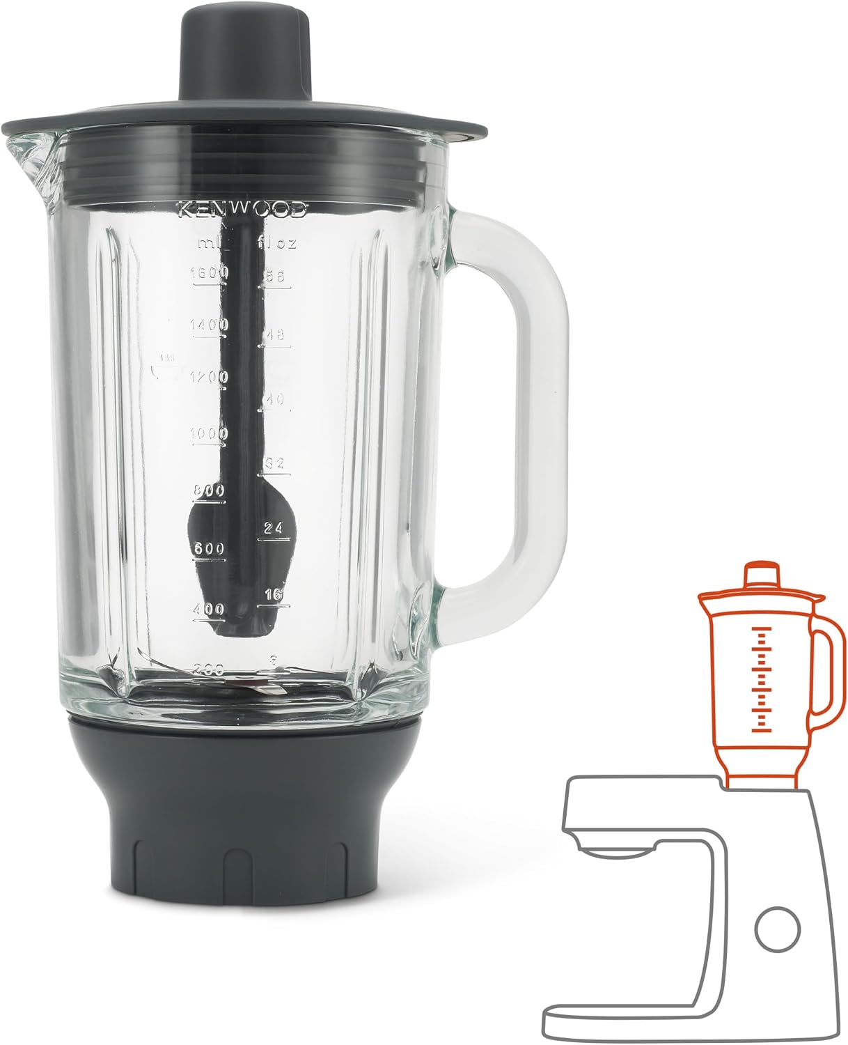Kenwood ThermoResist KAH359GL Glass Mixing Attachment Accessories for Kenwood Chef Food Processors Heat Resistant Glass Container for Ice Cream Soups etc. Includes Stirrer Stick Anthracite/Silver