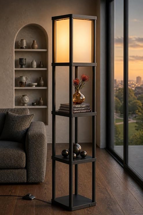 Dekoratif Raflı Lambader Siyah, 135 cm Modern Sehpalı Lambader, E27 Duy Uyumlu, 23x23 cm Raflı Salon Yatak Odası Ofis Aydınlatma [Enerji Sınıfı A]