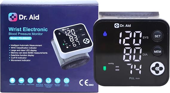 Dr. Aid Wrist Blood Pressure Monitor, Digital,13.5-19.5cm Cuff, 2x90 Memory