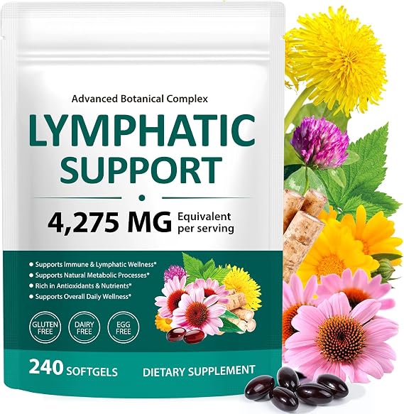 Lymphatic Drainage Supplements, 240 Softfels, 21-in-1 Herbal Blends with Echinacea, Dandelion, Burdock Root for Lymph System, Immune Support, Cleanse, Less Swelling/Bloating