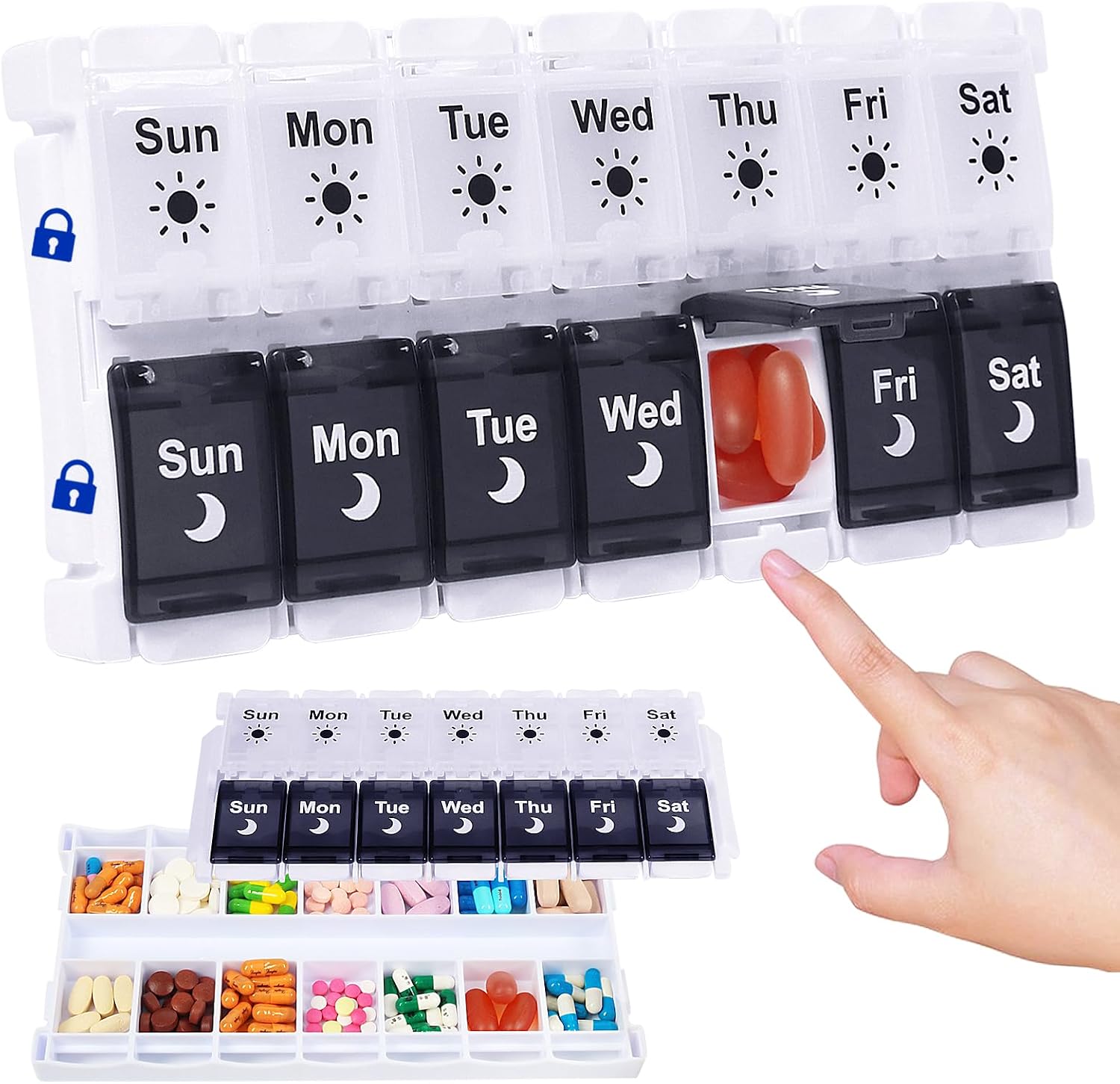 Pill Boxes 7 Day 2 Times a Day, Easy Fill Push Button Weekly Pill Box Medicine Organiser Large Am Pm Tablet Organiser for Vitamin, Fish Oil, Supplements