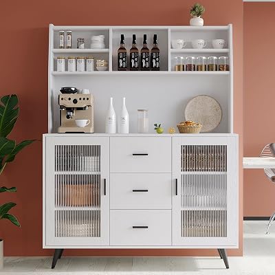 VOWNER Kitchen Hutch Storage Cabinet, Modern Kitchen Pantry with Glass Doors and 3 Drawers, Freestanding Cupboard Sideboard Buffet Cabinet for Dinning Room, Living Room White