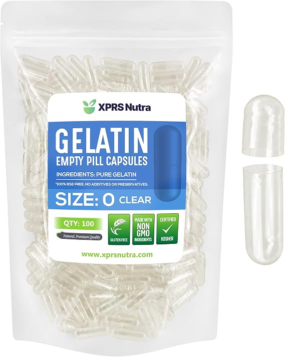 XPRS Nutra Size 0 Clear Empty Gelatin Capsules 100 Count - Kosher and Halal - Pure Gelatin Pill Capsule - DIY Powder Filling - Fillable Gel Caps for Do-It-Yourself Supplements