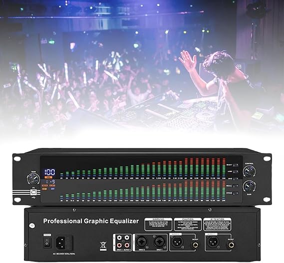 Graphics Equalizer, 31-Band Spectrum Display, 2U Audio Digital Equalizer Professional Sound System, High/Medium/Bass Adjustment, Intelligent Automatic Noise Reduction, for Stage Performance