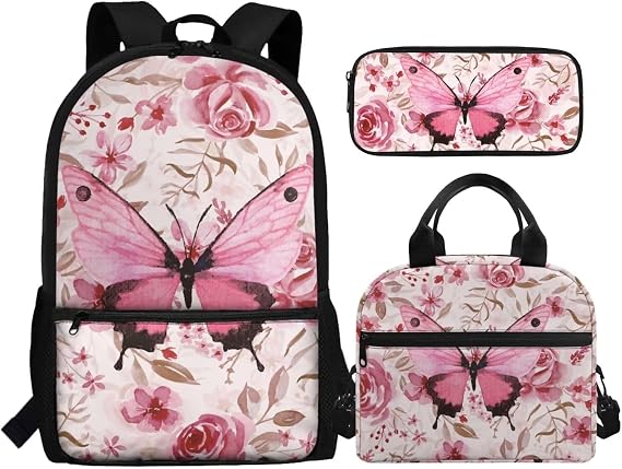 Pink Butterfly School Backpack Set 3Pcs with Lunch Bag Pen Bag Set Kids Backpack for Girls 4-6 Toddler Bookbag Multifunctional Pencil Case Child Backpacks For School & Travel