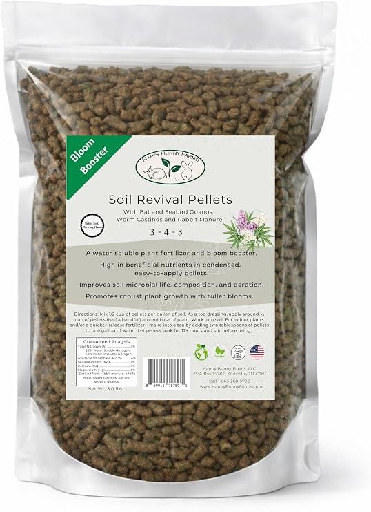 Soil Revival, Bloom Booster and Soil Conditioner Pellets, Organic. 3-4-3 NPK. Bat and Seabird Guanos with Rabbit Manure, Worm Castings and Alfalfa Meal, 1.5lb Bag