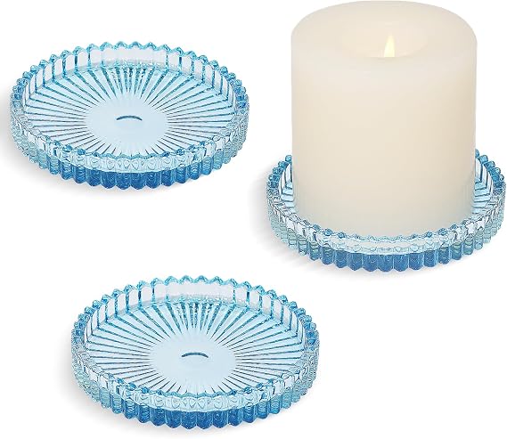 Glass Pillar Candle Holder, 4" Blue Candle Plates Set of 3, Glass Candle Holders for Wedding, Party, Holiday, Home Decor, Table Centerpiece