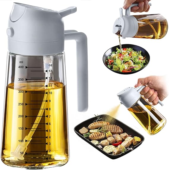 TrendPlain 470 ml zeytinyağı şişesi, 2'si 1 arada yağ püskürtücü, yemek pişirme, salata ve ızgara için mutfak gereçleri, kül grisi