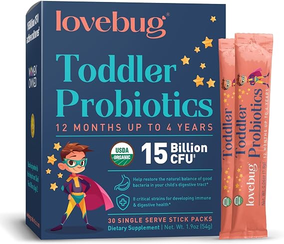 LOVEBUG Kids Probiotic Powder with Prebiotic Fiber - Toddler Immunity Support & Constipation Relief - USDA Organic Probiotics for Childrens Gut & Digestive Health (Ages 1-4) - 30 Pack (Unflavoured)