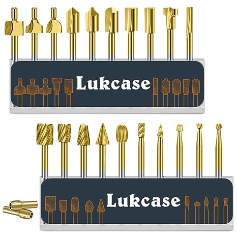 Wood Carving Bits Titanium Coated Engraving Router Bit, 20pcs HSS Rotary Burr Set with 1/8" Shank for Rotary Tools for DIY Carving, Drilling Engraving, Woodworking, Trimming, 2 Collet Included