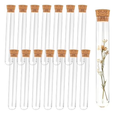 15Pcs Clear Plastic Test Tubes with Cork Stoppers 15x100mm 10ml Transparent Vials with Seal Cap for Bath Salt, Candy, Beads, Powder, Spice, Liquid Storage, Party Favors, DIY Decoration, Lab Use