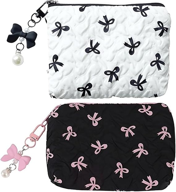 2-Piece Small Makeup Bag for Handbag Fabric Bowknot Coin Purse Set
