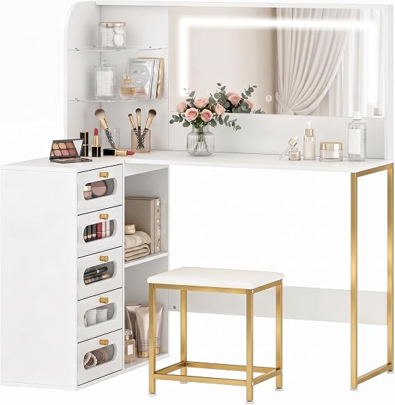 HOMCOM Dressing Table with Adjustable LED Mirror Stool 120x80x135 cm White