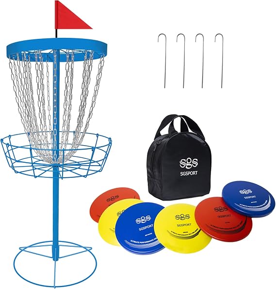 SGSPORT Disc Golf Basket with Discs | Portable Disc Golf Target with Heavy Duty 24-Chains Disc Golf Course Basket, Come with 6pcs Disc Golf Discs with Carry Bag