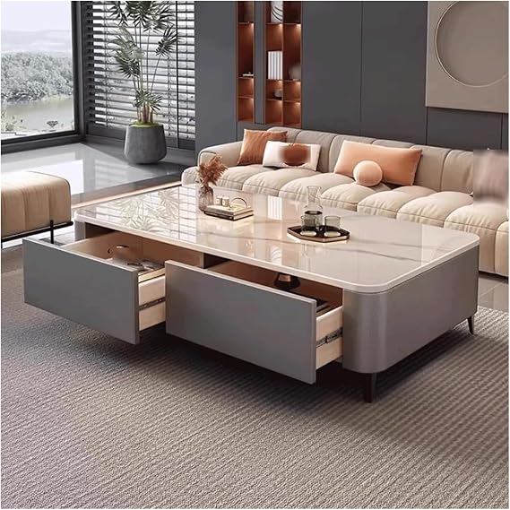 BKEKM Rectangular Coffee Table with 2 Drawers Accent Center Table Sintered Stone Tea Table with Metal Feet and PU Leather Cocktail Table