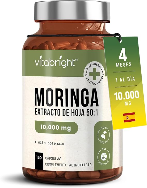 Pure Moringa Capsules | High Potency 10,000 mg | 4 Months - 1 Daily | No Additives | Vegan Superfood Powder Capsules | Pure Moringa Leaf Extract | VitaBright