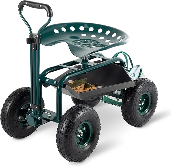 Garden Cart with 360 Degree Swivel Seat & Wheels, Wagon Scooter with Tool Tray Basket Handle and Storage, Rolling Workseat for Patio Yard and Outdoors (Green)