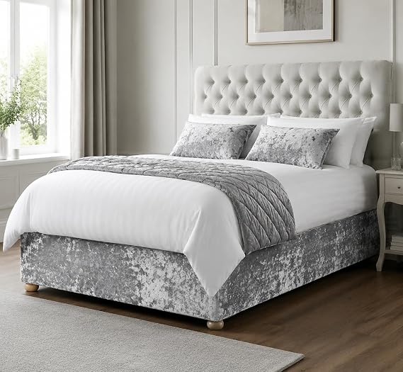 Extra Deep Crushed Velvet Double Divan Bed Base Cover Elasticated Sheet Frame Covers Bed Skirt Wrap Valance Sheets (Silver Grey, Double)