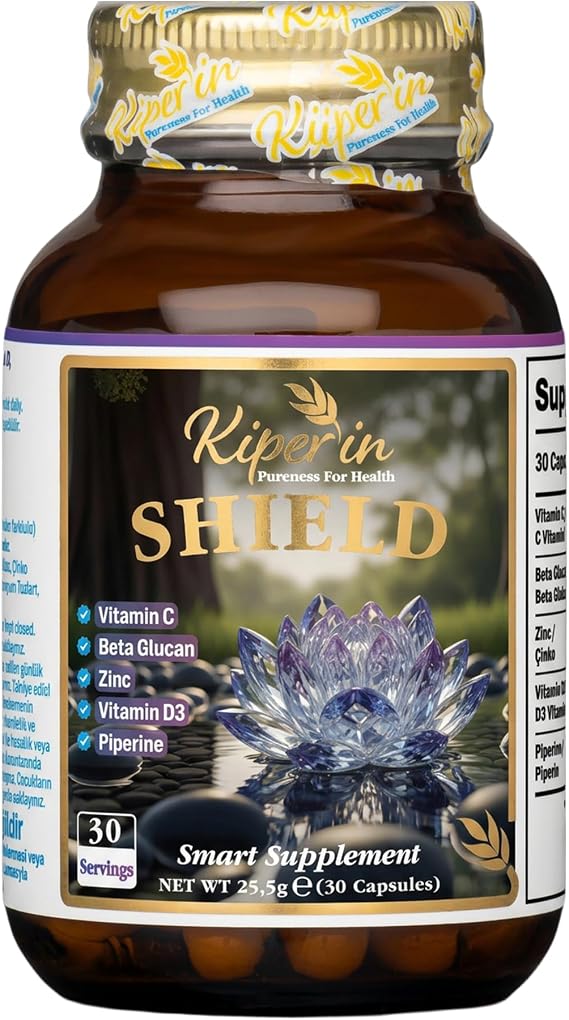 Kiperin Shield Lipozomal C Vitamini Beta Glukan Çinko D3 Vitamini Bağışıklık Desteği, Piperin İçeren Takviye Edici Gıda, Günlük 1 Kapsül, 30 Kapsül