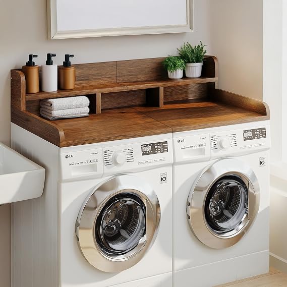 Washer Dryer Countertop with Shelf, 54" W x 27.5" D Laundry Wood Topper with Raised Edge & Non-Slip Pads, Double Layer Organizer for Washer and Dryer