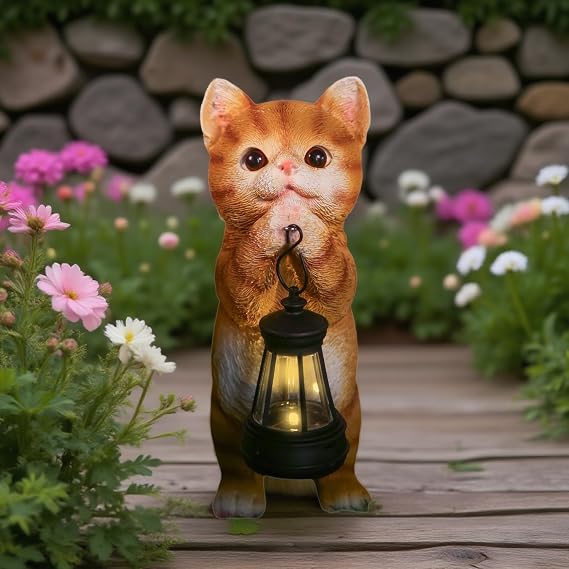 Solar Orange Cat Statue with Lantern, Weather-Resistant Garden Decor for Outdoor