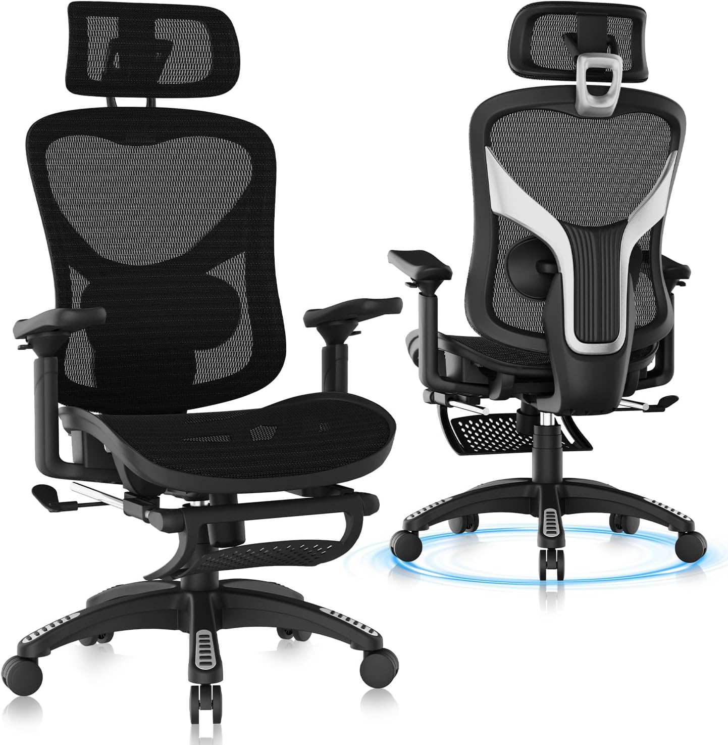 Ergonomic Home Mesh Chair with Footrest, Lumbar Height Adjustment & 215° Rotate Armrests, Recline Lock 90°–120°, High-Back Big and Tall Computer Chair, Heavy-Duty Office Chair, Black