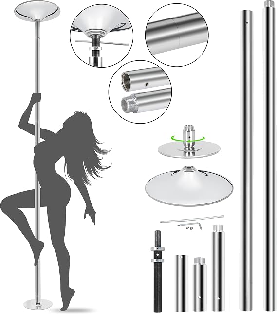 Saturnpower Stripper Pole Spinning Static Dance Pole 45 mm Portable Removable Dancing Pole Kit with Extension for Beginner Professional Exercise Club Party Pub Home Gym Fitness, Silver