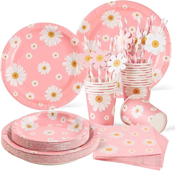 SUNBEAUTY 80pcs Party Tableware Set Daisy Theme Pastel Birthday Decorations