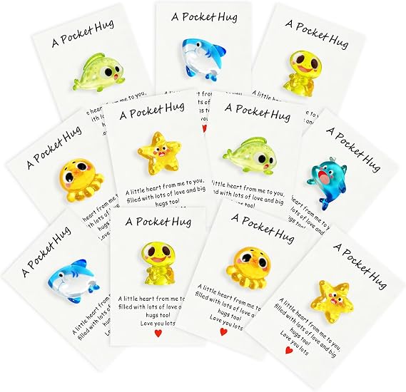 12 Sets of Valentine's Day Pocket Hug Cards, Ocean Animals Encouragement Pocket Hug Cards, Keepsake Exchange Cards for Colleagues and Family,Small Emotional Support Gifts, Easter Eggs Fillers, Long-Distance Gifts