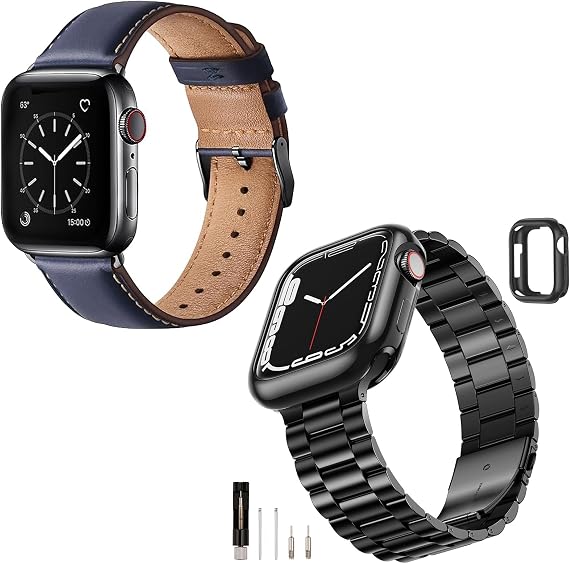 SUNFWR Compatible with Apple Watch Band 45mm 44mm 42mm for Men Women, Stainless Steel Metal iWatch Band with Case + Top Grain Genuine Leather Band for Apple Watch Series 9/8/7/6/5/4/3/2/1/SE/SE2