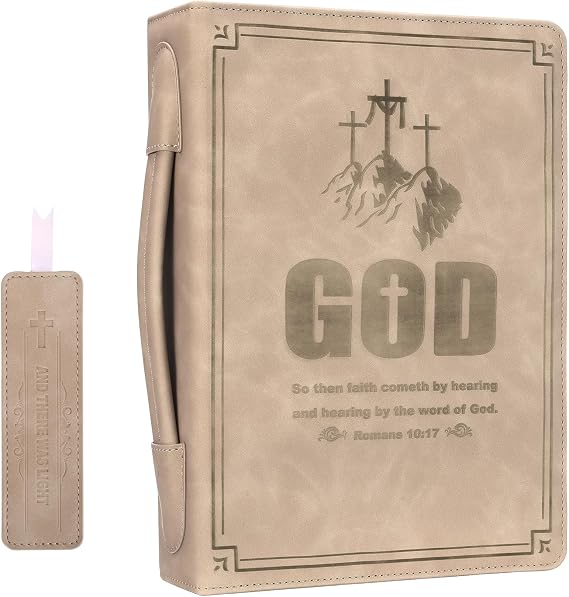 Bible Cover Case for Women Men with Soft Handle,PU Leather Printed | Large Bible Book Carrying Bag with Exquisite Bookmark for Church Study Supplies Travel,Gift for Mother Father Ladies,Beige