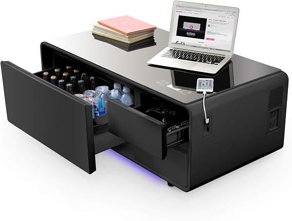 Sobro Coffee Table with Built in Fridge, Speakers, Outlets, LED Light, and More - Black