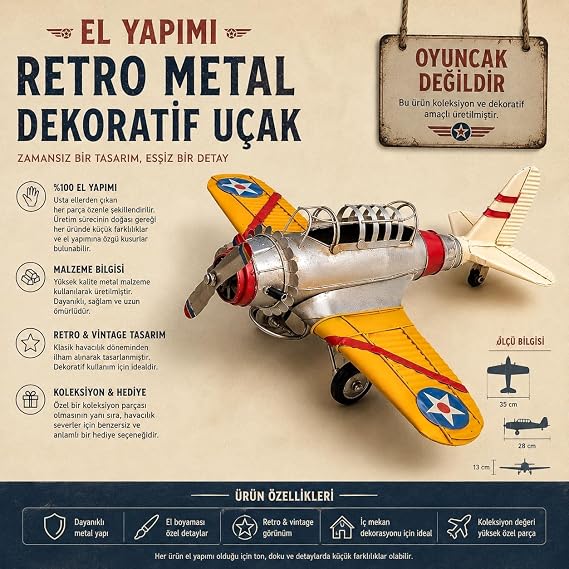 Dynablade El Yapımı Retro Metal Dekoratif Uçak Maketi – Vintage Havacılık Tasarımı Masaüstü Objesi