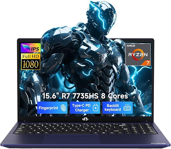 NIMO 2026 Gaming Laptop, AMD R7 7735HS (8C/16T, Up to 4.75GHz, Beat i7-12650H) 16GB DDR5 RAM 256GB SSD Business Computer with 15.6" FHD Display Radeon 680M GPU 180 View 100W Type-C