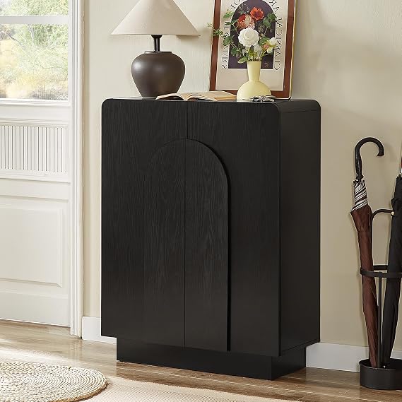 Shoe Storage Cabinet,13.8" D x 31.6" W x 43.3" H, Black | 6 Tier Shoe Organizer Cabinets, with Adjustable Shelves and 2 Arched Doors, Wooden, Morden Style, for Entryway Hallway Foyer