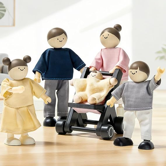 Tiny Land Wooden Dollhouse People Set, 5-Piece Poseable Wooden Doll Family