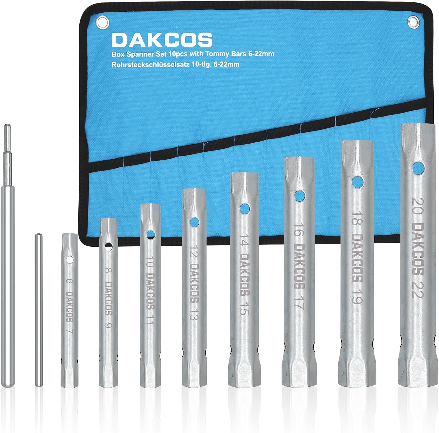 DAKCOS 10PCS Box Spanner Set with Tommy Bar, Metric 6-22mm Monoblock Tap Spanner Set for Tight Space