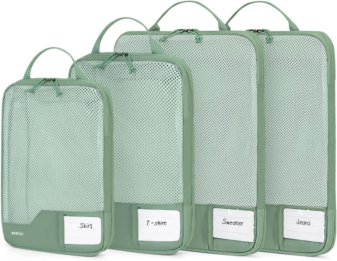 ECOHUB 4pcs Compression Packing Cubes, Suitcases Organiser Bag with Tag, Recycled Travel Bags Organiser for Backpack, Tear-resistant Packing Organiser for Carry On Luggage, Green Patent Pending