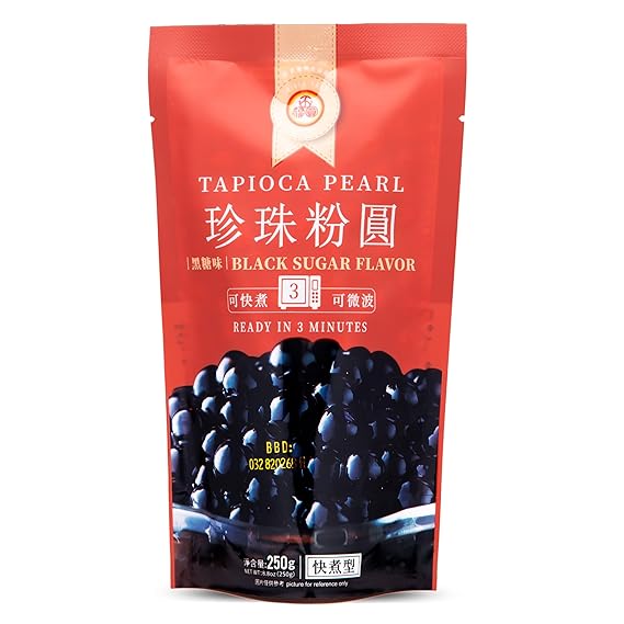 WuFuYuan Boba Tapioca Pearls, Black Sugar Flavor, Quick Cook Bubble Tea Boba, Microwave Ready in 3 Minutes, 8.8 oz(Single Pack)