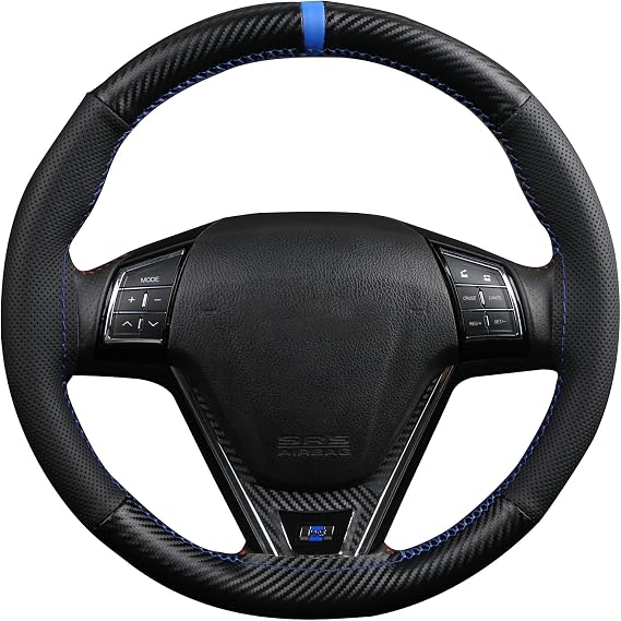 Steering Wheel Cover, Matte Carbon Fiber and Microfiber Leather, Stitch On Wrap, Universal Fit for Cars and Trucks,Blue