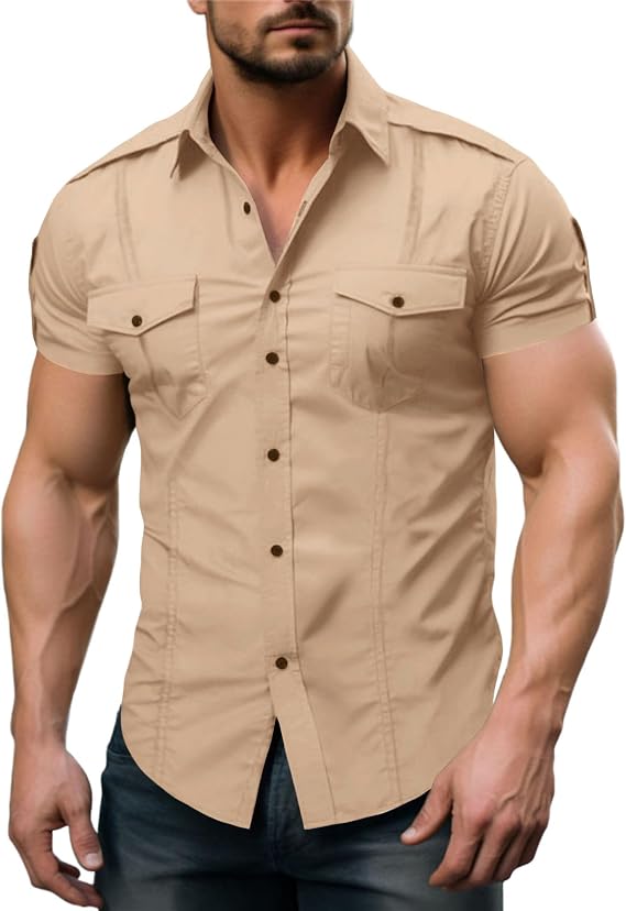 Men's Muscle Dress Shirts Slim Fit Stretch Short Sleeve Casual Button Down Shirts Work Shirt Cargo Shirts Fishing Shirts Khaki