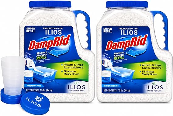 DampRid Moisture Absorber Refill Container 7.5 lb Fragrance Free Odor and Moisture Absorber for Basements, Closets & Storage Spaces High-Capacity Humidity Control, 2 Pack Ilios Packaging