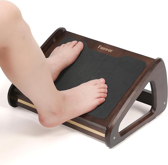 Fanwer Adjustable Foot Rest for Under Desk at Work, Ergonomic Foot Stool Under Desk with 4 Height Position, Wooden Under Desk Footrest with Anti-Slip Surface for Home, Office