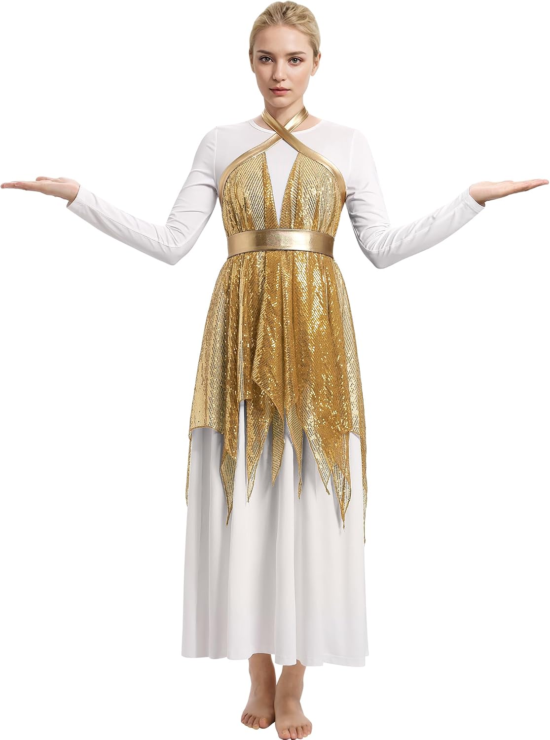 AFAVOM Womens Praise Dance Dress Sparkle Liturgical Lyrical Dance Dress Long Sleeve Worship Church Glitters Tunic Costume
