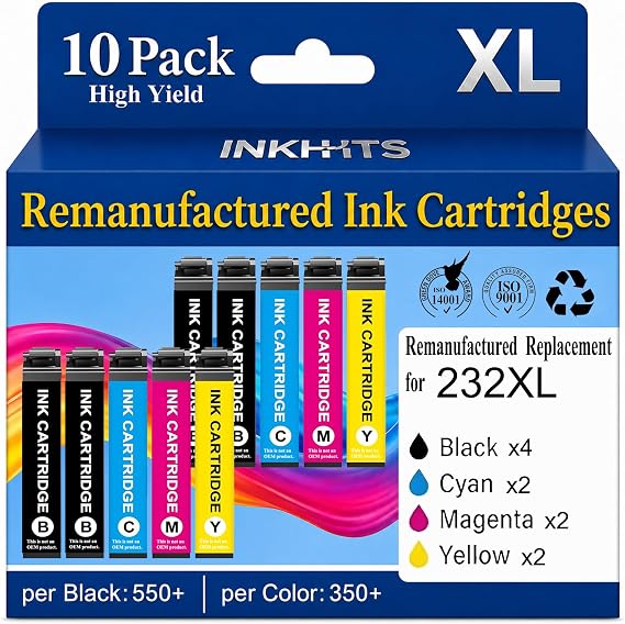 Remanufactured Replacement for Epson 232XL Ink Cartridge Combo Pack | Compatible for 232 T232XL Ink Work with XP-4200 XP-4205 Workforce WF-2930 WF-2950 Printer, Latest Upgrade (10-Pack)